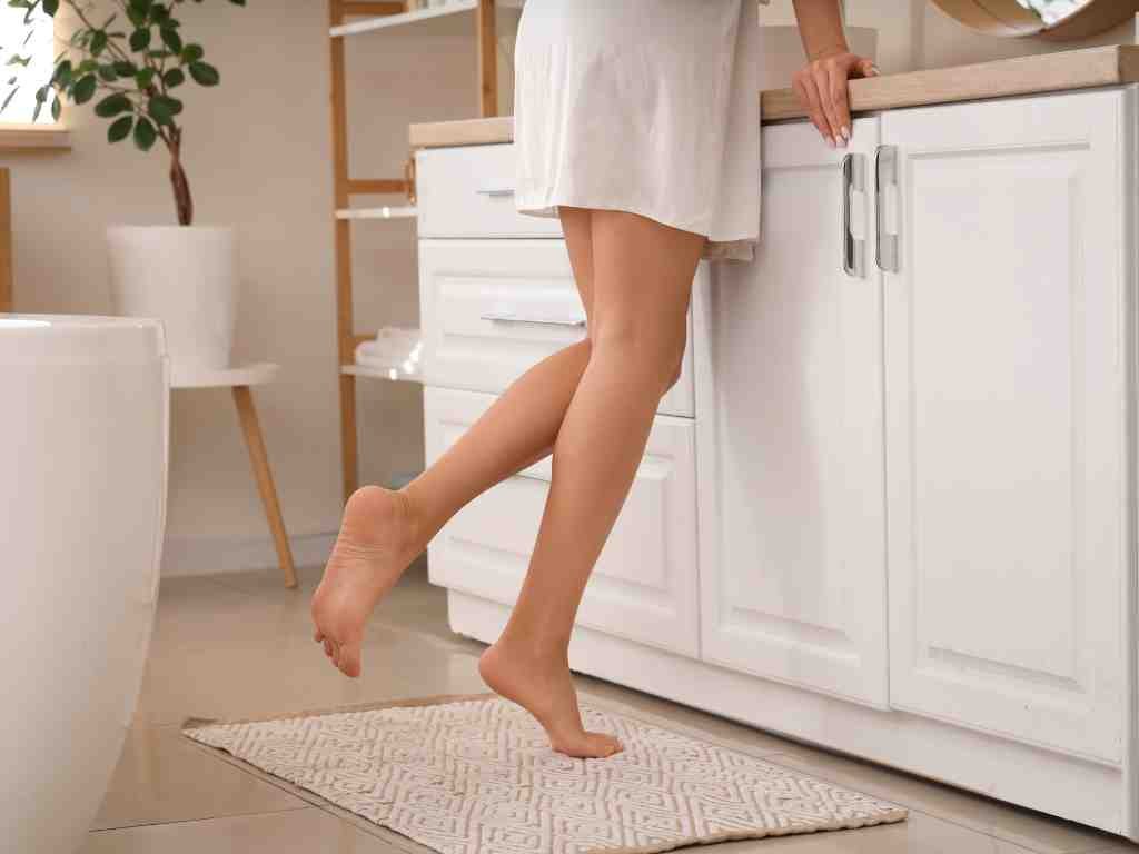 a woman standing on a rug