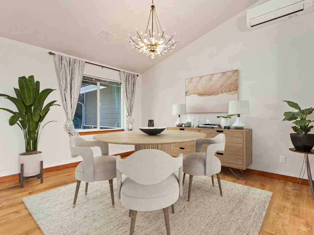 a dining room with a round table and chairs